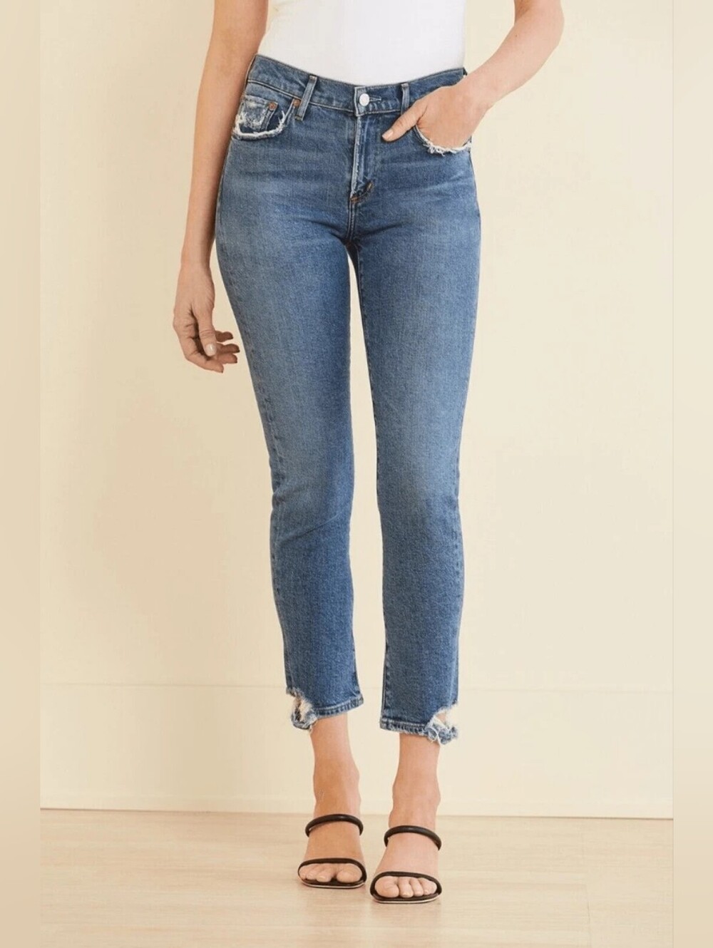 Agolde Toni Mid Rise Slim Straight Leg Jeans Distressed Denim Size 26